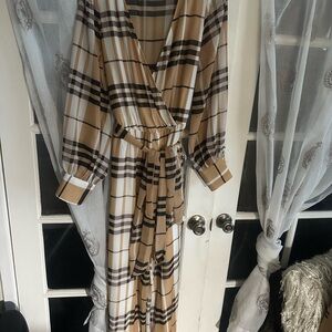 Plaid Wrap wide leg pant one piece in Tan, Black & White